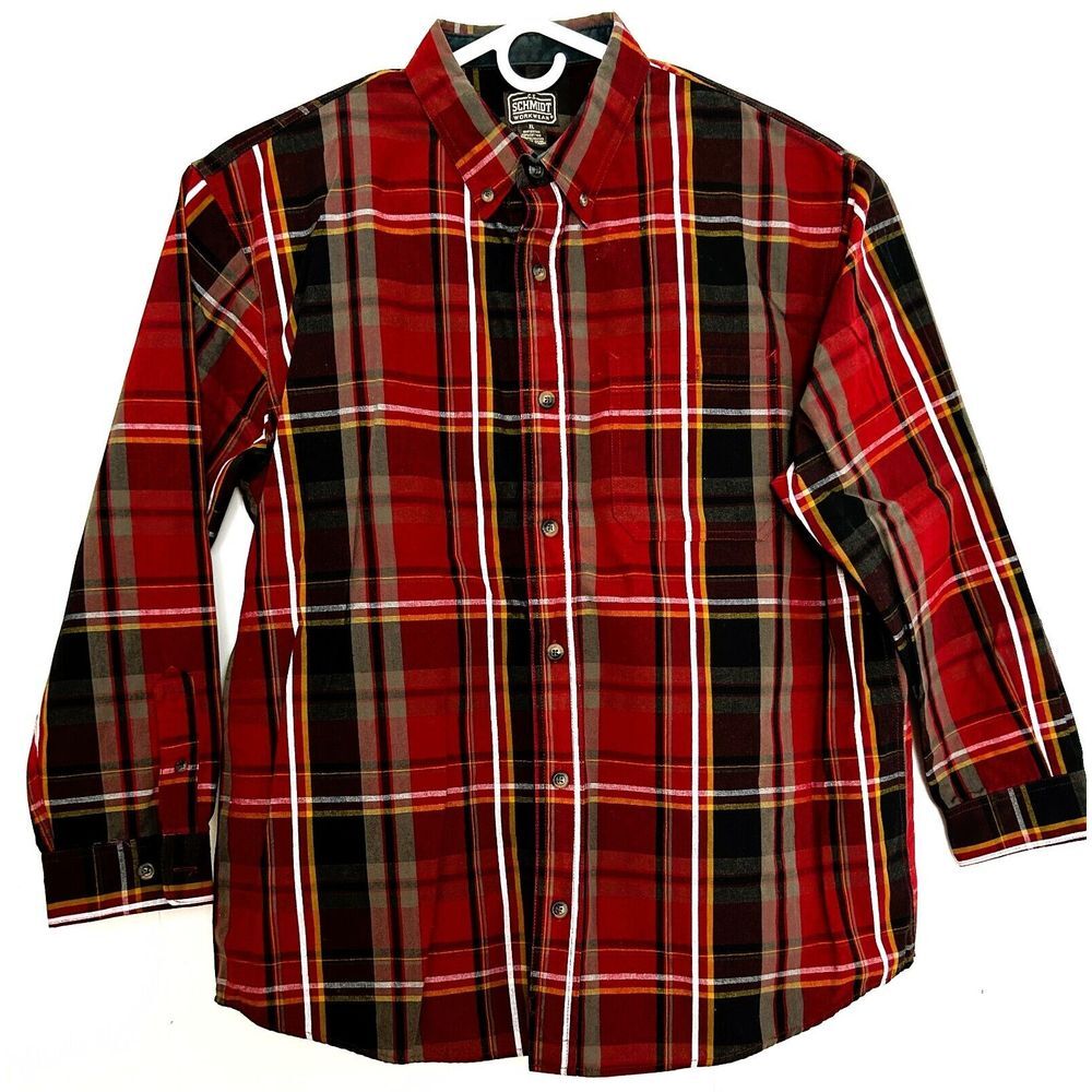 Schmidt Workwear Shirt Mens XL Red Black Plaid Cotton Long Sleeve Button-Down